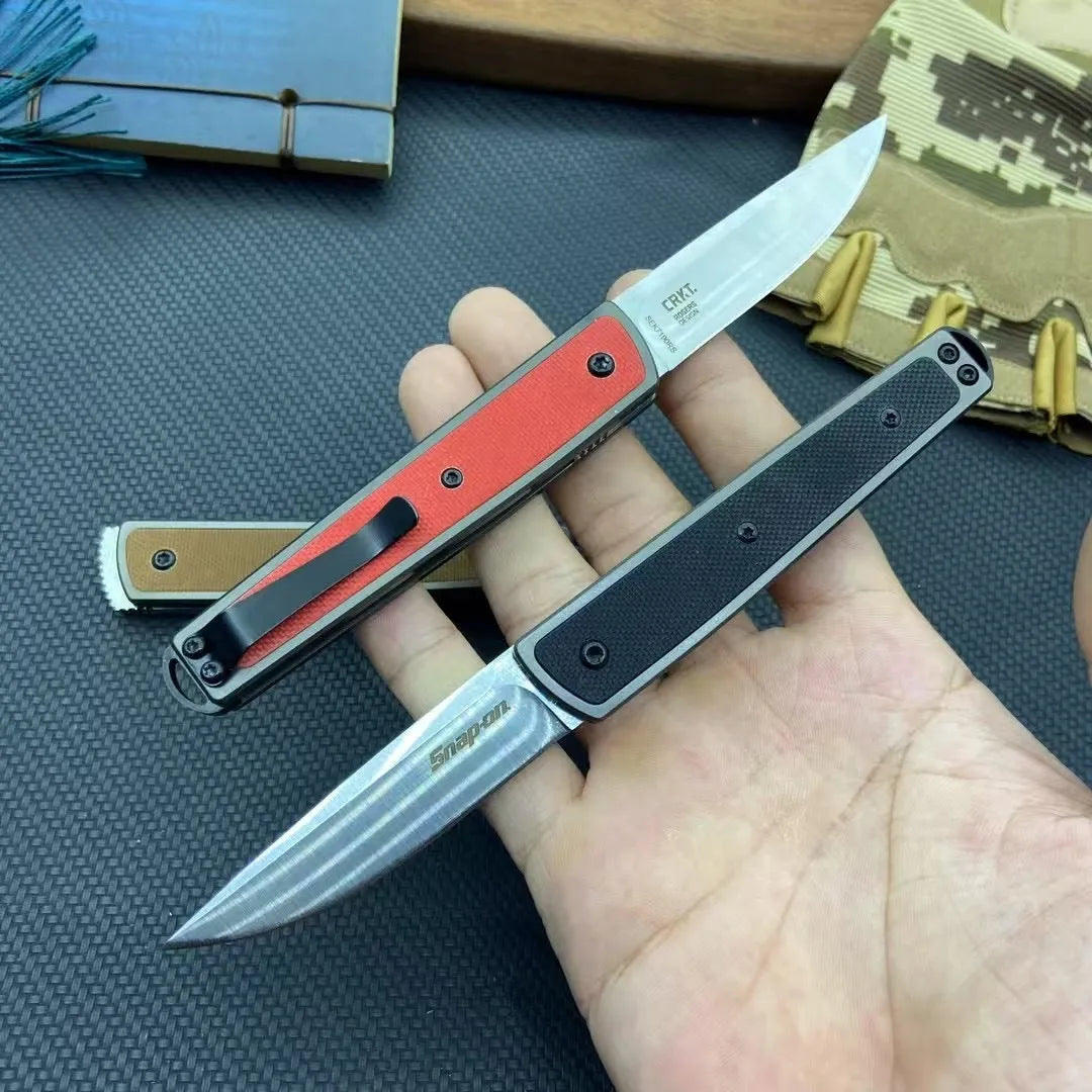 Folding fruit knife with 7cm stainless steel blade shown open and closed, available in black, red, or coffee colour finishes