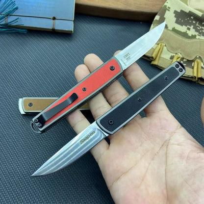 Folding fruit knife with 7cm stainless steel blade shown open and closed, available in black, red, or coffee colour finishes