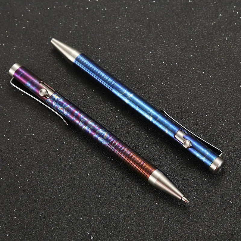 Titanium alloy gun bolt handle ballpoint pen in phantom colour showing 122mm length