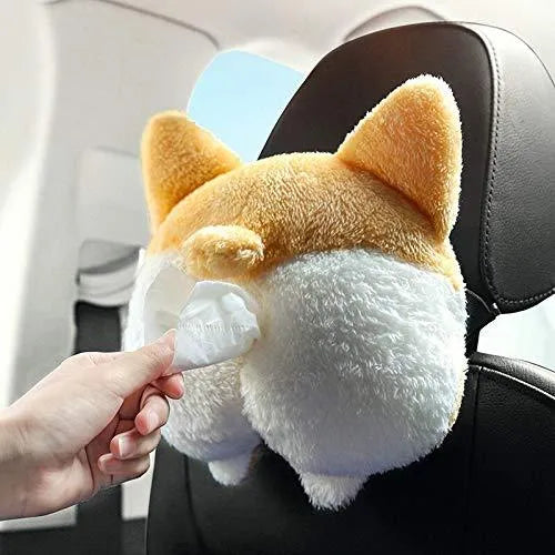 Corgi Butt Car Tissue Box Cover Hanging Pouch made from polyester with dimensions 25 x 25 x 3.5cm, a creative storage wrapper for car sun visor, backseat or home and office use in yellow colour