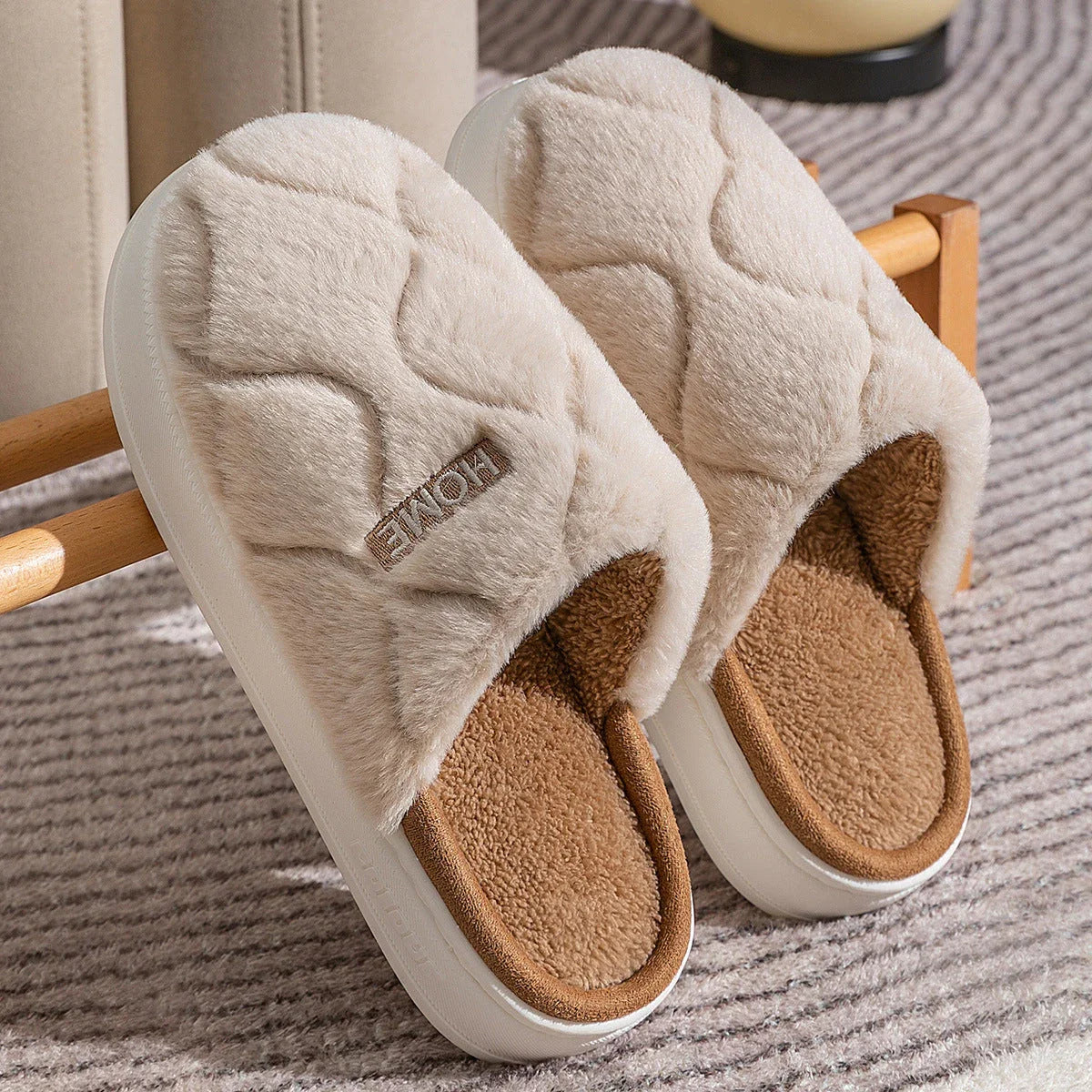 Cozy plush slippers in various colors, including light gray, khaki, yellow, and pink, with a soft plush upper and durable PVC sole for indoor and outdoor use.