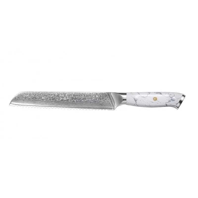 Damascus-patterned chef's knife with 21cm VG10 steel blade and ergonomic handle on a wooden cutting board.