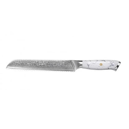 Damascus-patterned chef's knife with 21cm VG10 steel blade and ergonomic handle on a wooden cutting board.