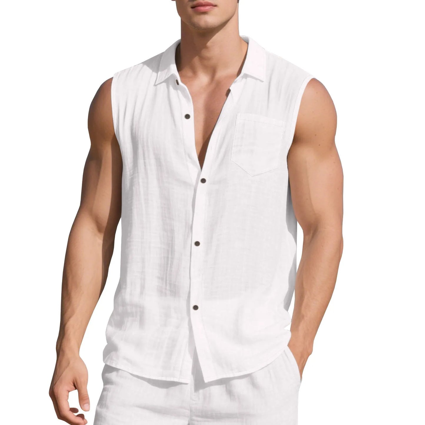 Loose-fit sleeveless linen cardigan vest with a polo collar in a solid colour on a hanger.