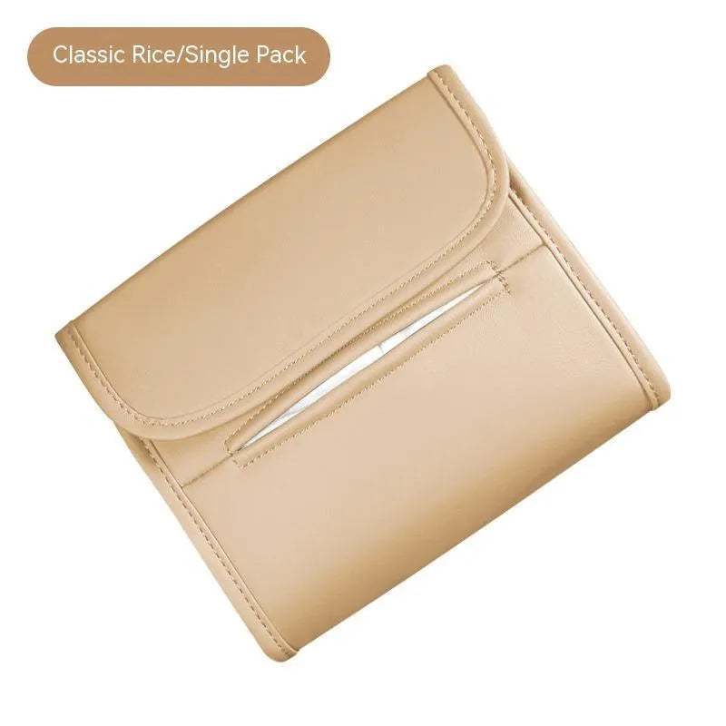 Leather car tissue box holder mounted on vehicle sun visor with elastic band installation