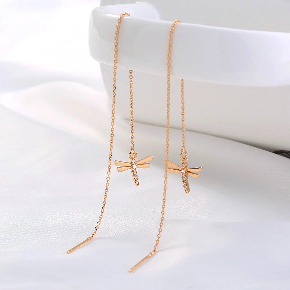 Gold Copper Dragonfly Earrings with Zircon Long Tassel - Unique Fashion Jewelry