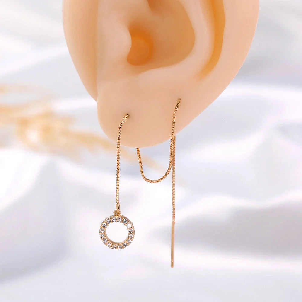 Gold Circle Long Tassel Ear Wire with sparkling zircon accents