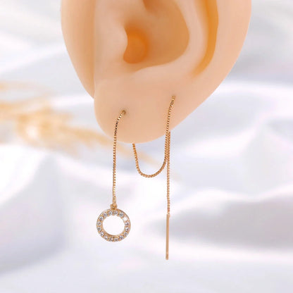 Gold Circle Long Tassel Ear Wire with sparkling zircon accents