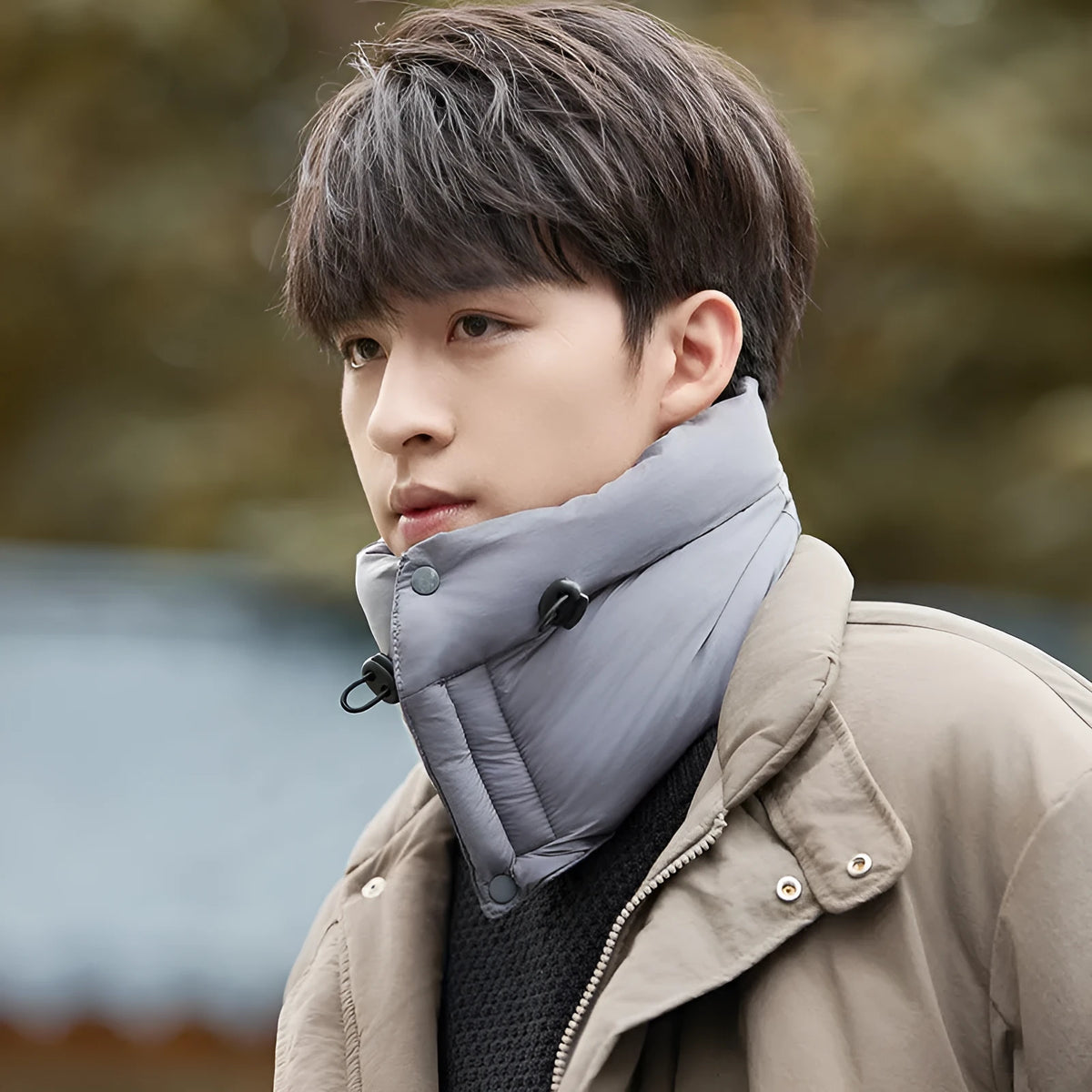 Winter down cotton pullover neck scarf in black, unisex motorcycle bandana with monochrome solid-colour finish