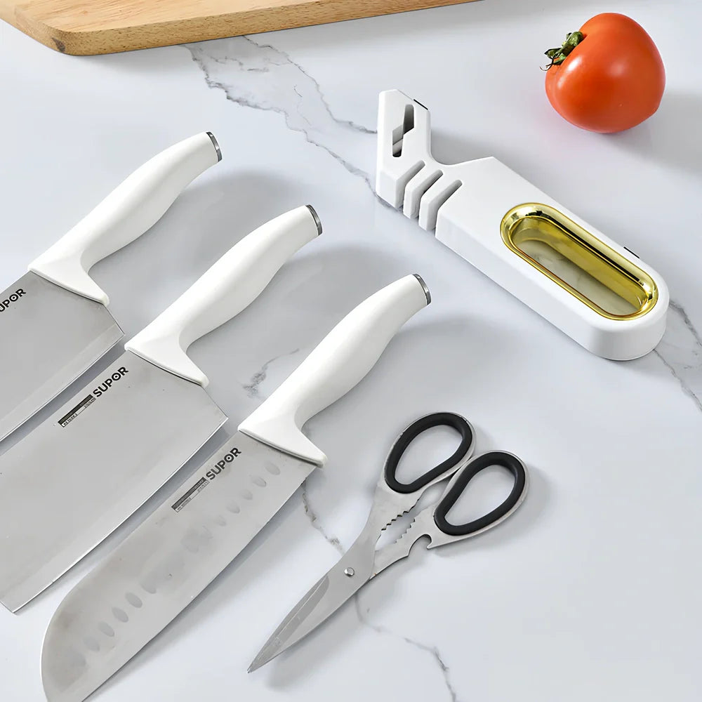Four-in-one manual knife sharpener with ceramic, diamond, tungsten steel stones in pearl white, mint green or gentleman black