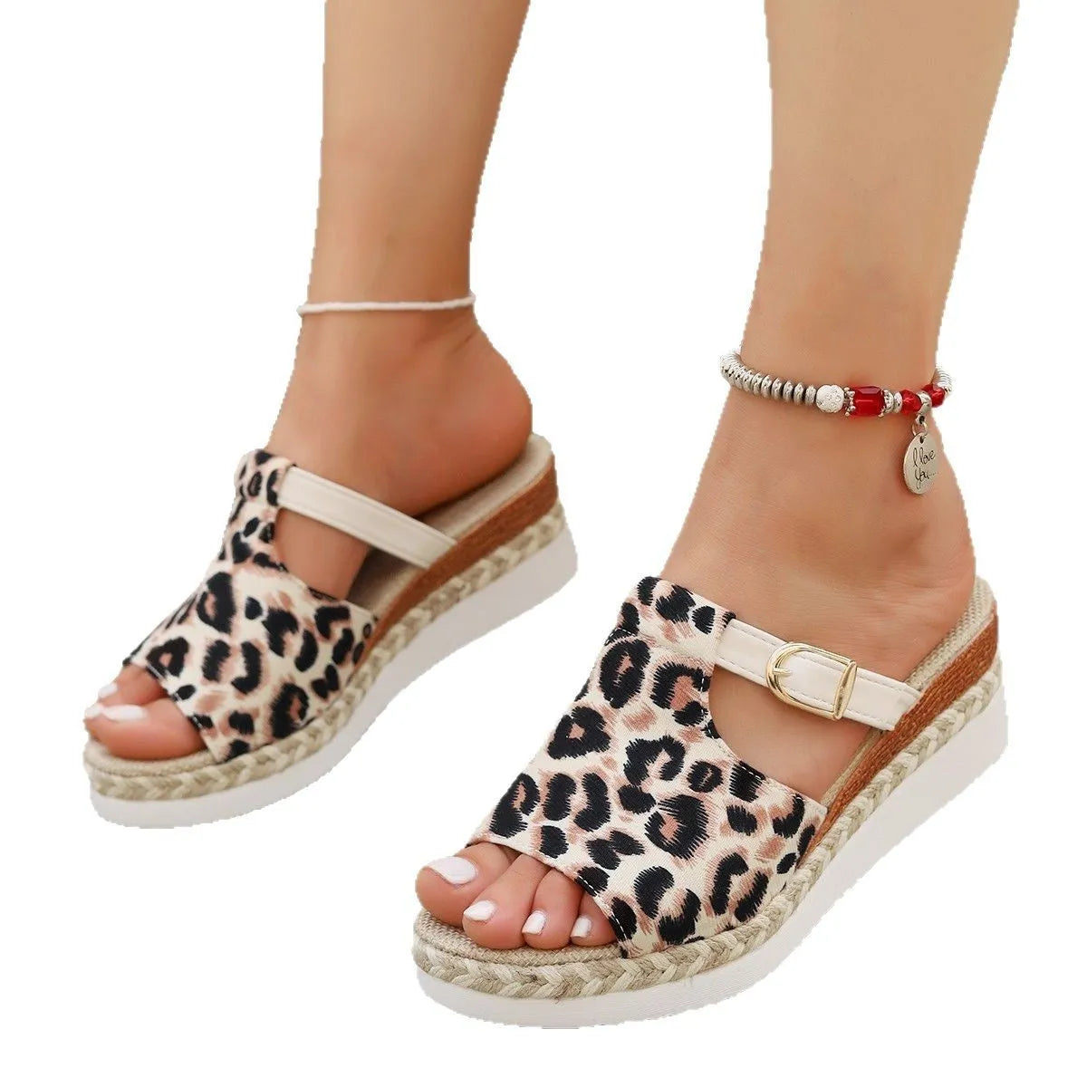Leopard print wedge platform sandals with a fish mouth toe, shown in light green colour.