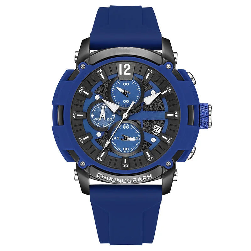 Men's multi-function digital watch with luminous display and calendar on a wrist, showing black colour option.