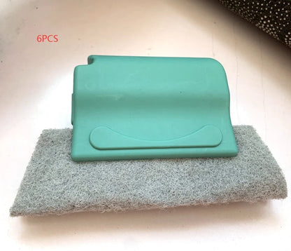 Window groove cleaning brush with comfortable grip and scouring pad head