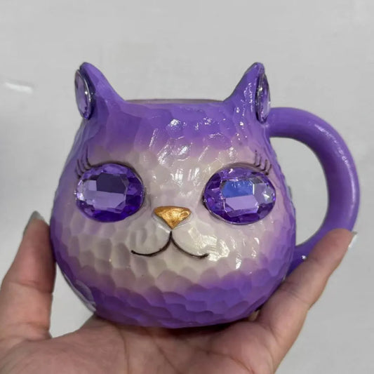 Crystal Earth Cat Cup resin crafts decorative item with cat motif in purple, green, blue, or pink colour