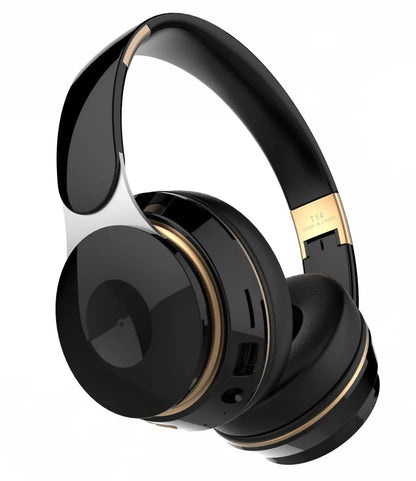 Foldable wireless Bluetooth headset in various colours showing head-mounted design