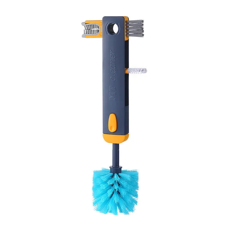 Blue and grey 4-in-1 multifunctional bottle and cup cleaning brush set with silicone, wire, and bristle heads.