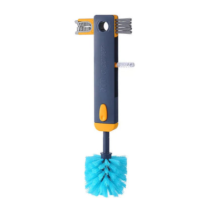 Blue and grey 4-in-1 multifunctional bottle and cup cleaning brush set with silicone, wire, and bristle heads.