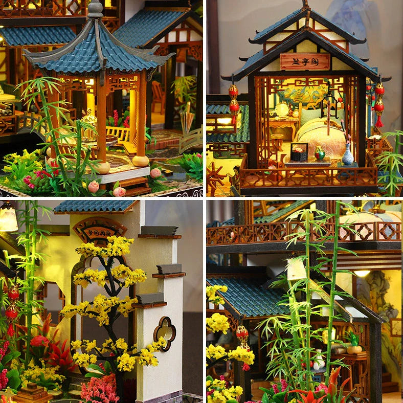 Wooden Chinese courtyard villa architectural model with traditional lantern elements, dimensions 30×27×27cm