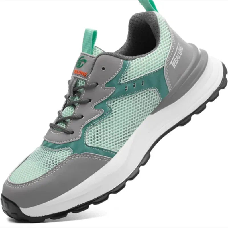 Green work safety shoes with mesh upper and plastic toe cap protection on TPU sole