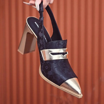 Korean style women's printed high heel sandals with a chunky heel and pointed toe in black.
