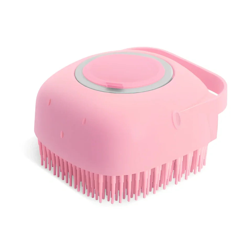 Yellow silicone shower brush, 38cm long with soft bristles for back scrubbing and scalp massage, non-slip handle