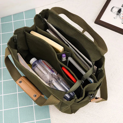 Army Green canvas tote bag showing open top with internal laptop pocket and organisers.
