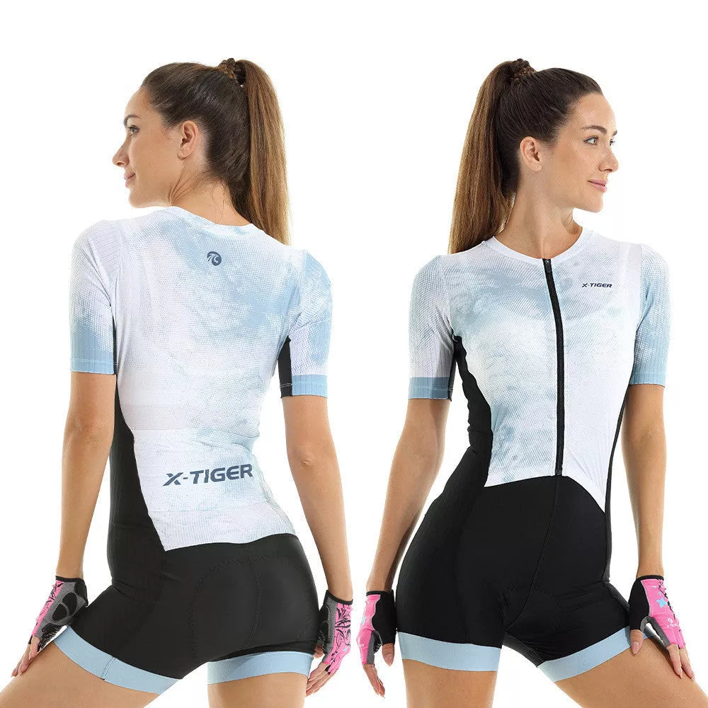 Women's summer cycling one-piece in breathable polyester fabric, available in four colors.