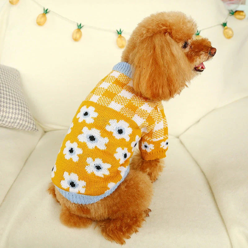 Bowknot hollow knit dog sweater in various colors and patterns