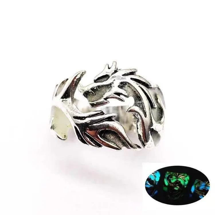 Adjustable Chinese style metal ring with a luminous dragon pattern in antique blue and green.