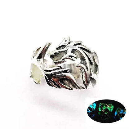Adjustable Chinese style metal ring with a luminous dragon pattern in antique blue and green.