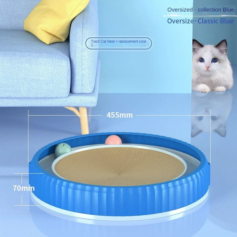 Round cat scratching board with removable pad and toy bell ball in navy blue