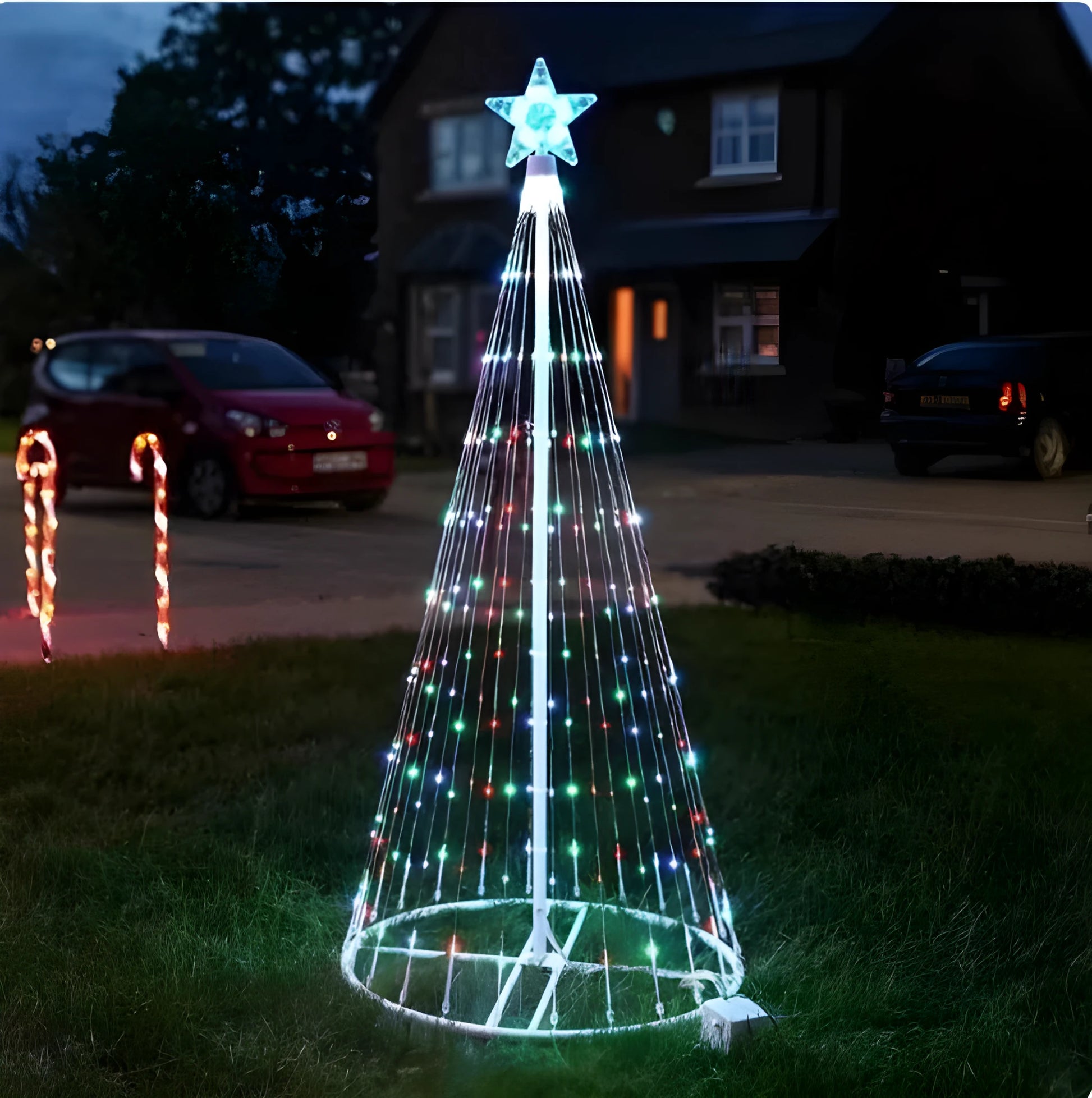 Multi-colour LED animated outdoor Christmas tree lights showing garden installation with 1.5m and 2m size options