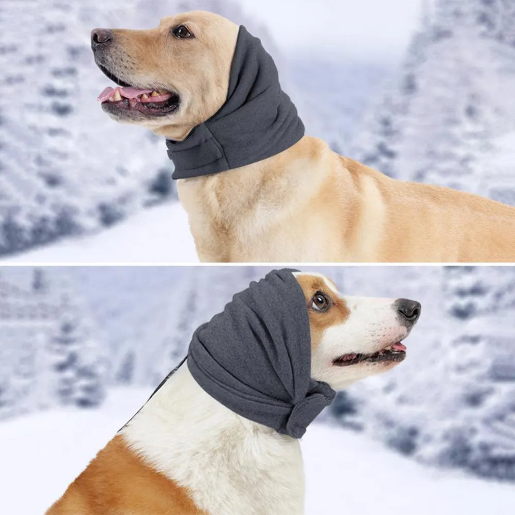 Black dog calming hoodie head wrap covering ears, shown on a dog as a hood and neck scarf.