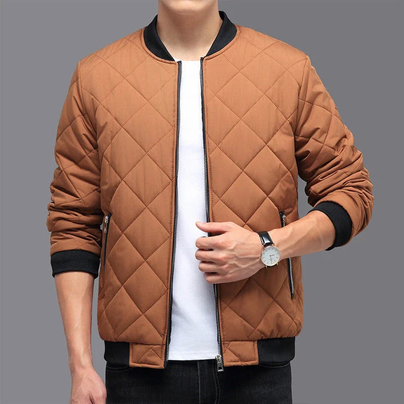 A warm, wind-resistant insulated jacket with a unique rhombic sewing design, available in a variety of fashionable colors for men.