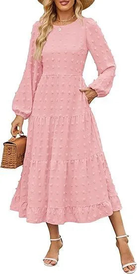 Autumn long sleeve dress with ruffled sleeves and high waist design in various colour options