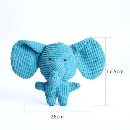 Animal shaped plush dog chew toy with squeaker in bright colours