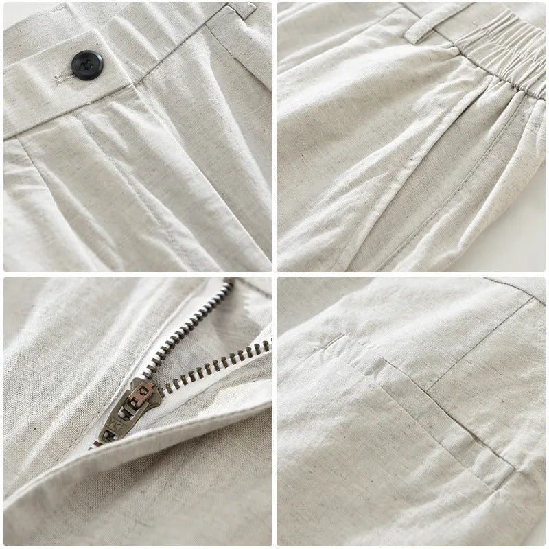 Man wearing loose beige straight-leg cotton linen trousers in a casual setting