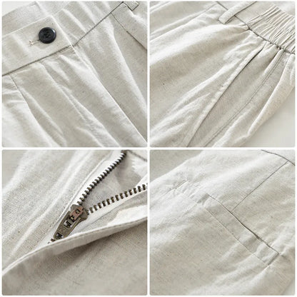 Man wearing loose beige straight-leg cotton linen trousers in a casual setting