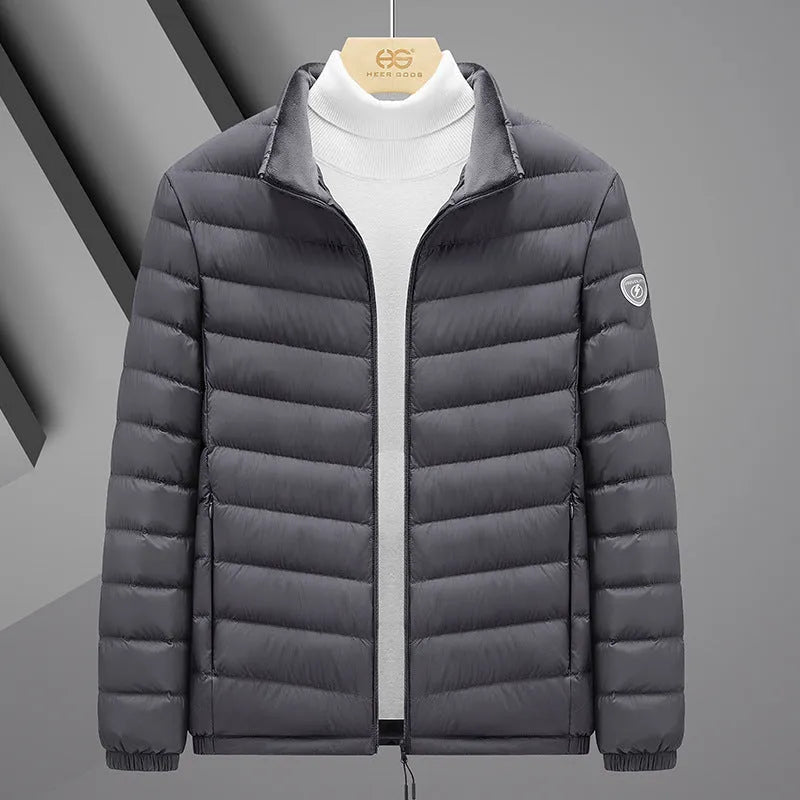 Plus size grey goose feather padded jacket, non-hooded, 50cm length, men's and women's colours, sizes S to 6XL