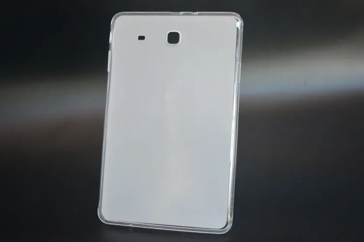 Clear transparent white silicone protective case for a tablet, showing a slim profile.