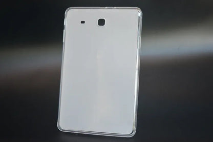 Clear transparent white silicone protective case for a tablet, showing a slim profile.