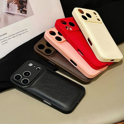 Litchi grain leather iPhone case with PC anti-fall shell, black brown or white, for iPhone 15 16 17 Pro Max