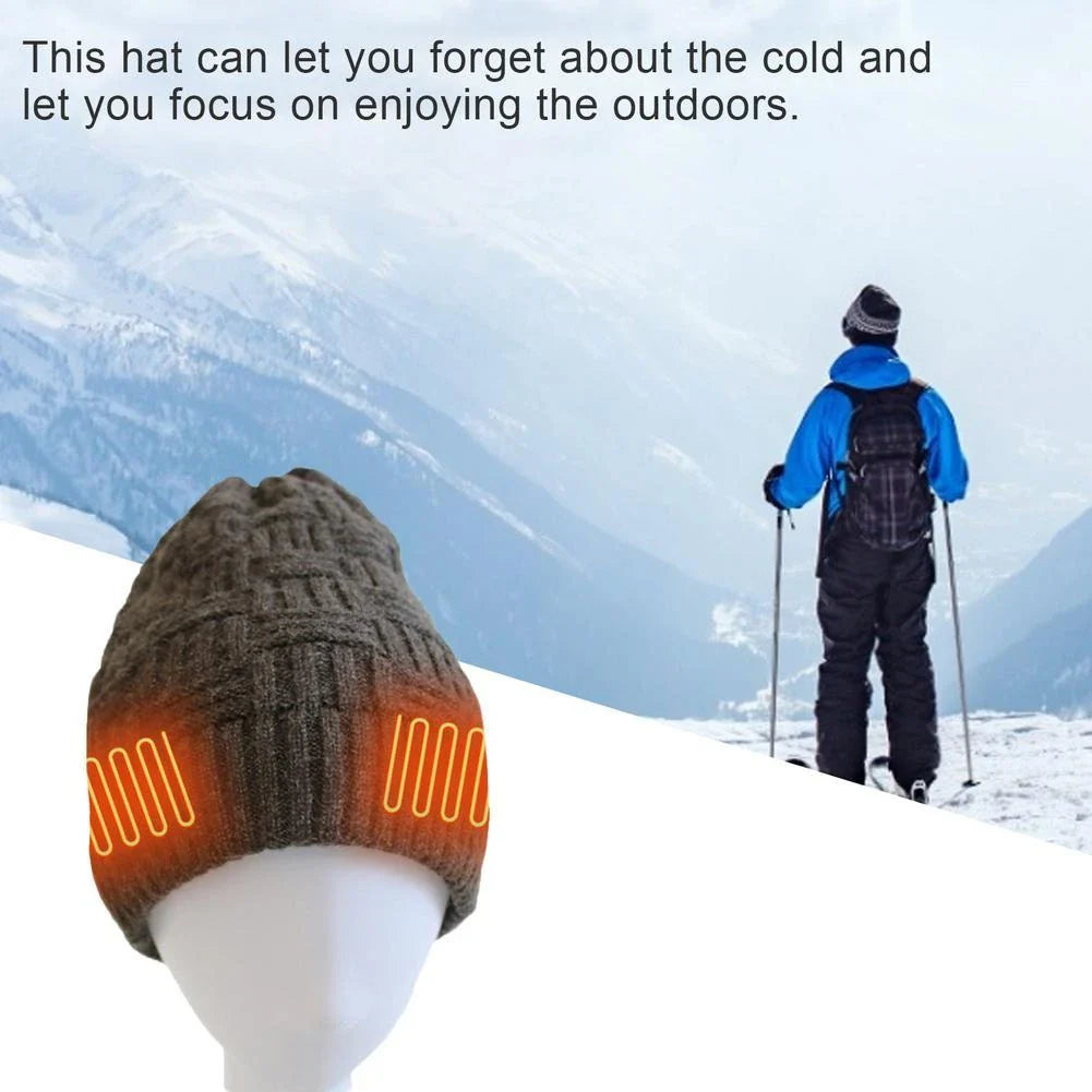 USB rechargeable heated fleece hat with adjustable temperature settings for outdoor activities like hiking, climbing, and fishing