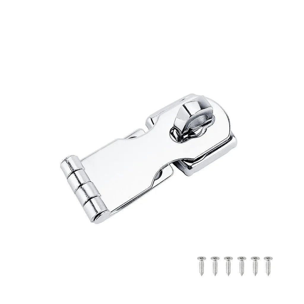 Silver stainless steel lock latch bolt with mirror finish for doors and cabinets.