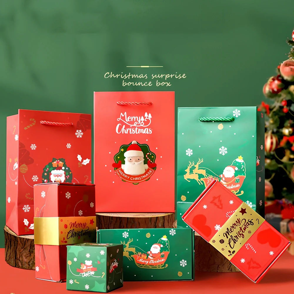 Christmas Eve Surprise Box showing bounce box compartments in cinnabar red with gift box and bag