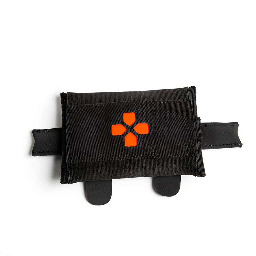 Nylon first-aid kit in camouflage pattern with organised medical supply compartments