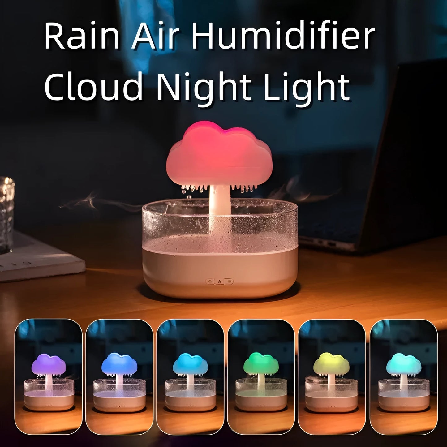 White rain cloud shaped humidifier with LED lighting and water droplet effect