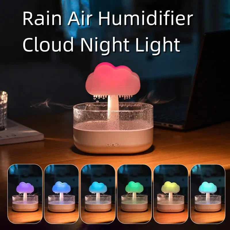Soothing cloud-shaped humidifier with raindrop lights, aromatherapy diffuser, and sleep-promoting functions for a tranquil ambiance