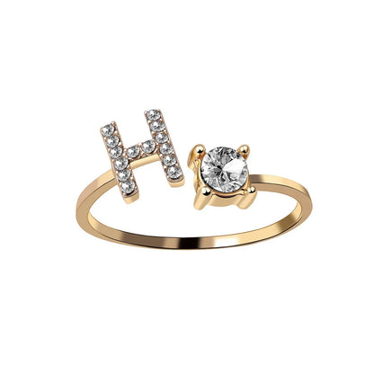 Personalized Initial Letter Adjustable Ring made of copper alloy and zircon, showcasing a vintage-inspired design