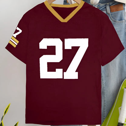 Man's loose-fit red cotton T-shirt with a digitally printed graphic design on the front.